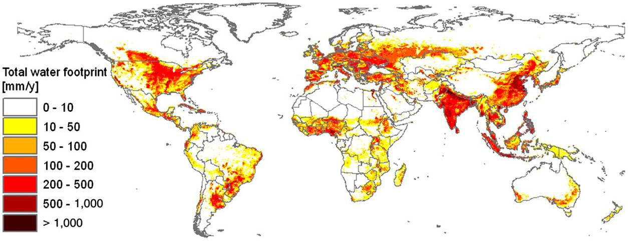 Figura : A pegada hídrica da humanidade no período de 1996-2005. Os dados são apresentados em milímetros por ano. Fonte: Hoekstra e Mekonnen (2012)