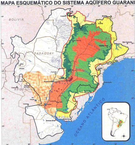 Mapa esquemático do sistema Aquífero Guarani