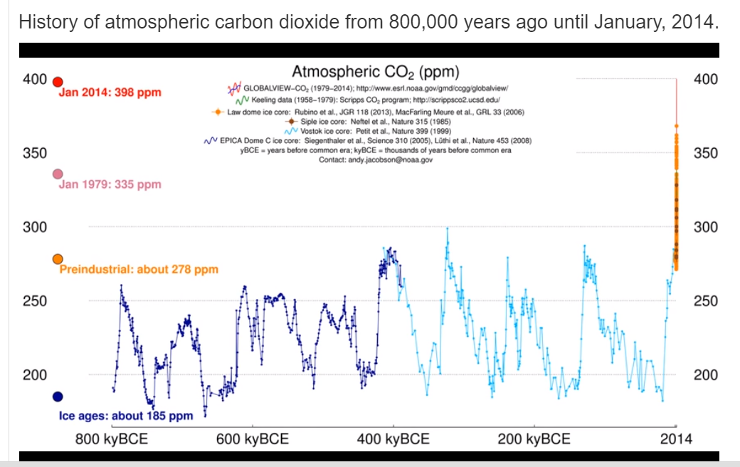 O gráfico abaixo mostra que a concentração de CO2 na atmosfera variou de 185 a 280 partes por milhão (ppm) nos últimos 800 mil anos, antes da Revolução Industrial e Energética