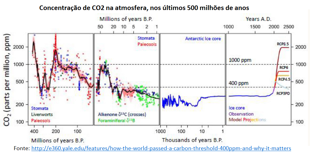 concentração de CO2 na atmosfera, nos últimos 500 milhões de anos