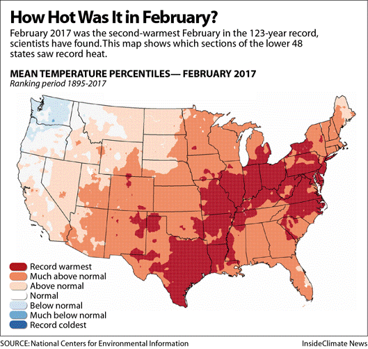 mean temperature percentiles - february 2017 - ranking period 1895-2017