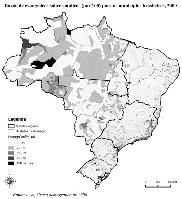 razão de evangélicos sobre católicos (por 100) para os municípios brasileiros, 2000