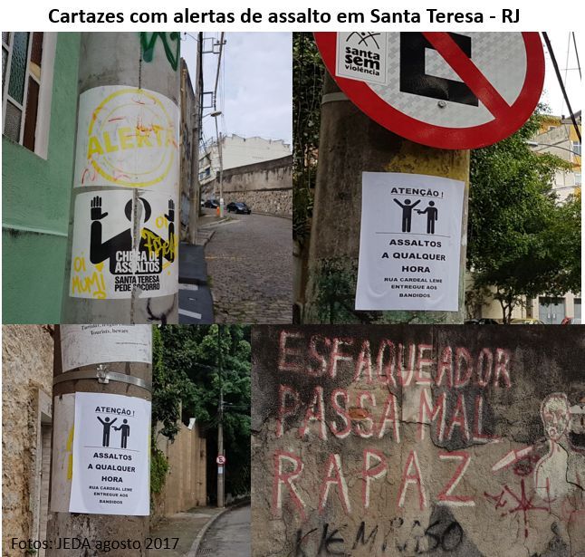 cartazes com alertas de assalto em Santa Teresa, RJ