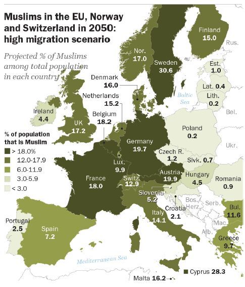 População muçulmana (em %) nos países da Europa. Cenário de elevada imigração, em 2050