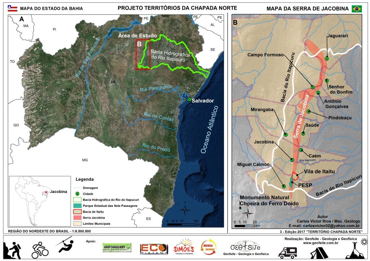 Figura 1 – A – Mapa da Bahia indicando a localização da Bacia Hidrográfica do Rio Itapicuru; B- Mapa de Localização da Serra de Jacobina e Municípios confrontantes (Rios, 2017).