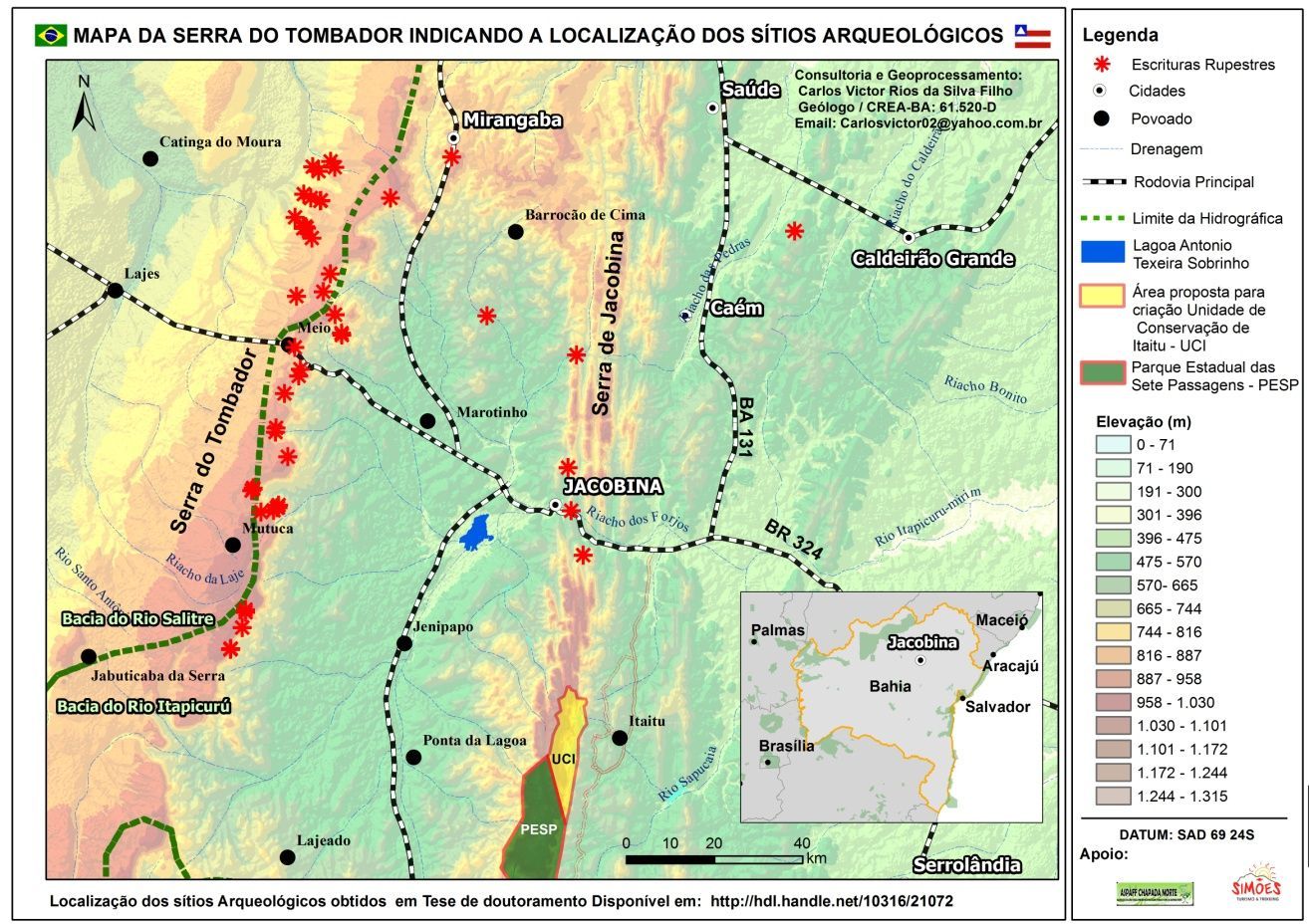Figura 2 – Mapa indicando a localização dos sítios arqueológicos na região de Jacobina. Note que a Serra do Tombador abriga a maior quantidade de sítios.