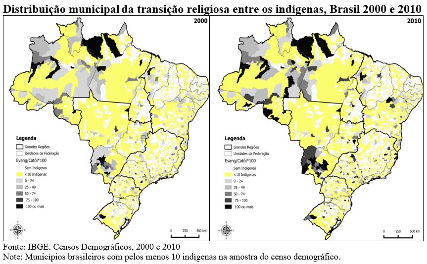 distribuição municipal da transição religiosa entre os indígenas, Brasil