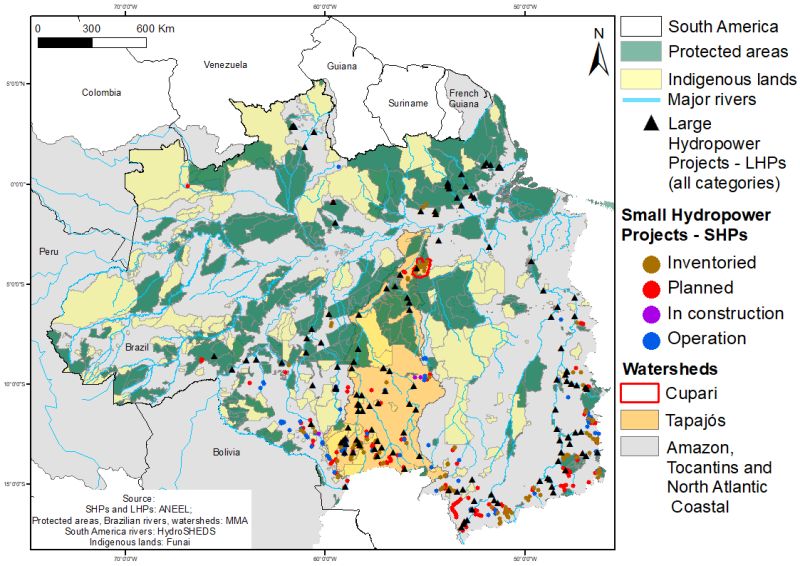 Mapa de barragens hidrelétricas (existentes, planejadas e inventariadas) nos rios da Bacia Amazônica