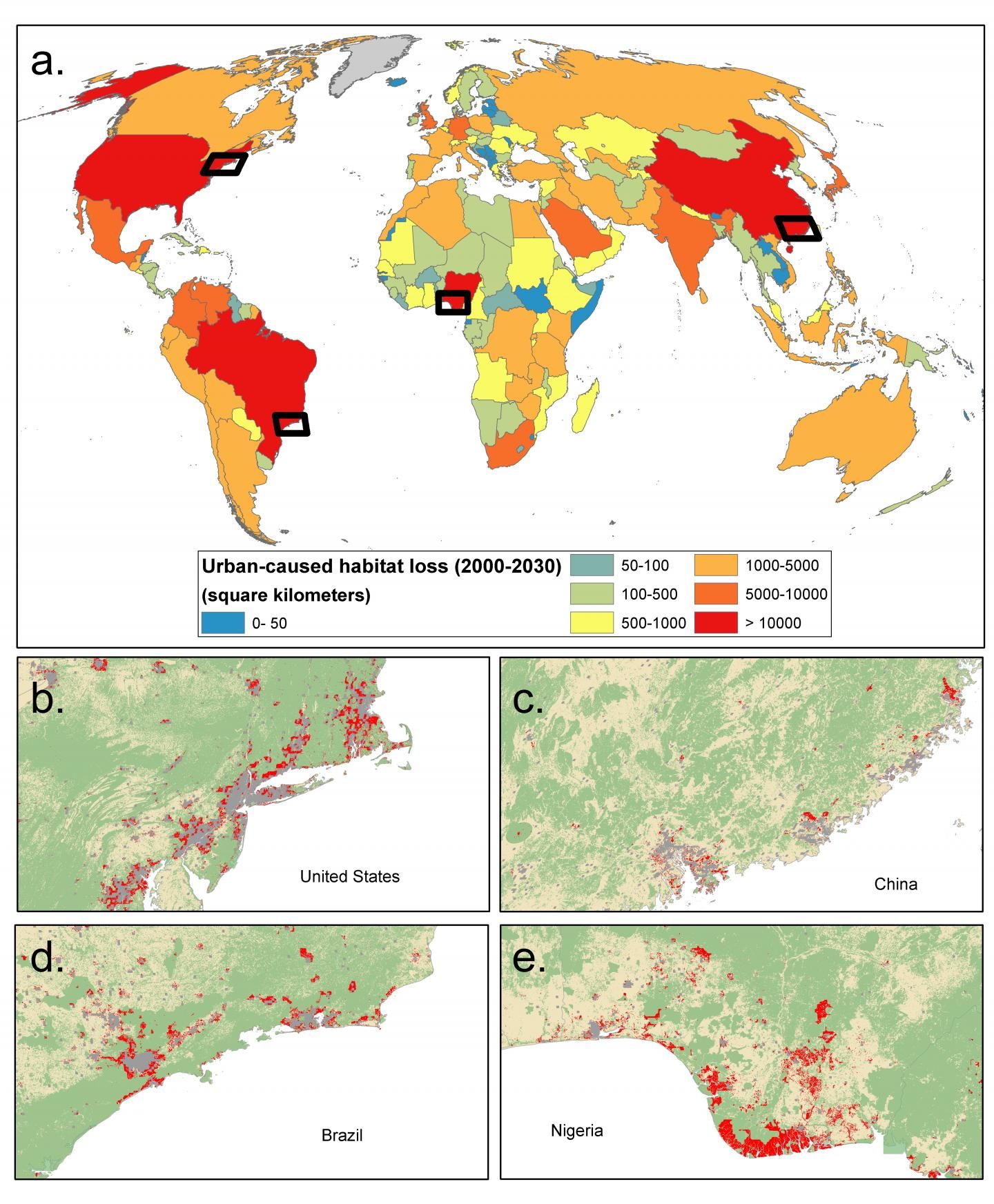 Impactos diretos previstos do crescimento urbano no habitat (2000-2030)