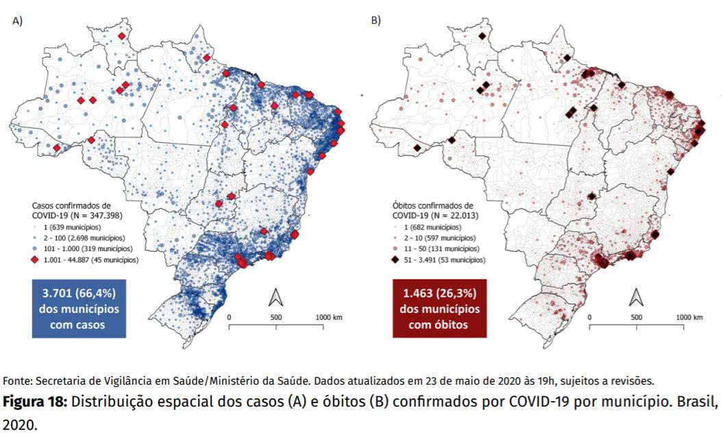 mapas mostram que existiam (até 23 de maio) 3.701 municípios com pelo menos um caso do novo coronavírus e 1.463 municípios com pelo menos 1 morte pela covid-19