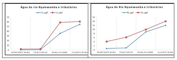 A figura 2 indica, claramente, aumentos dos teores médios de Co, Cu, Ni e Zn nos setores “Mina Kilembe” e “Jusante Mina”.