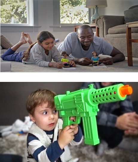Cenas de dois comerciais de brinquedo - um de boneca, voltado para meninas, e um de armas, direcionados para meninos