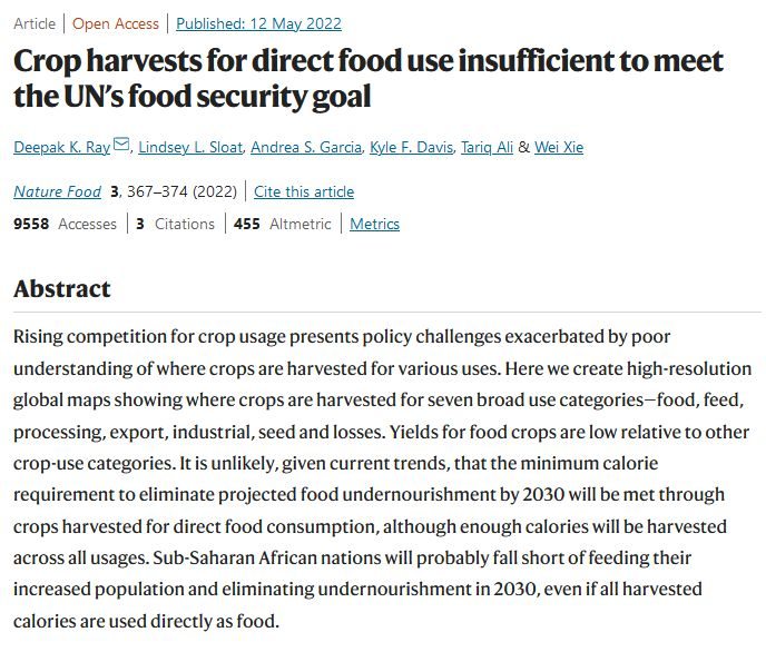 crop harvests for direct food use insufficient to meet the un’s food security goal