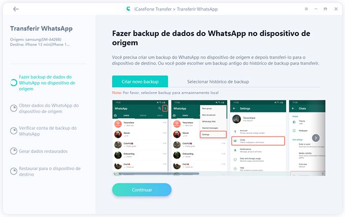 backup de dados do whatsapp no dispositivo de origem