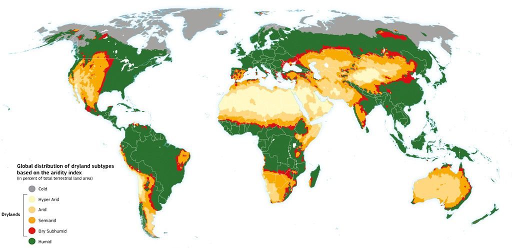 Distribuição observada dos diferentes níveis de aridez, baseada nos dados de 1981-2010