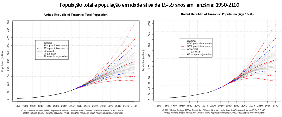 população total e população em idade ativa na tanzânia