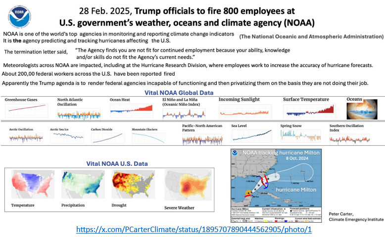 Infográfico sobre as demissões em massa na NOAA e a importância da Agência para a ciência climática