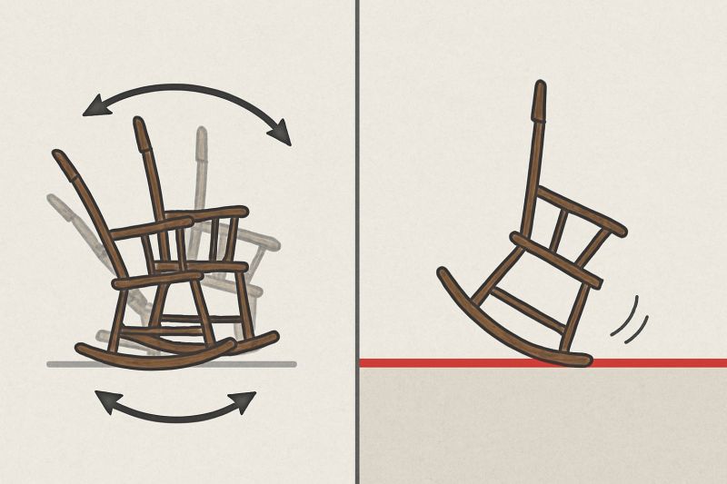 A cadeira de balanço à esquerda está em movimento e em equilíbrio. A cadeira da direita ultrapassou o limite do ponto de não retorno e está em queda.