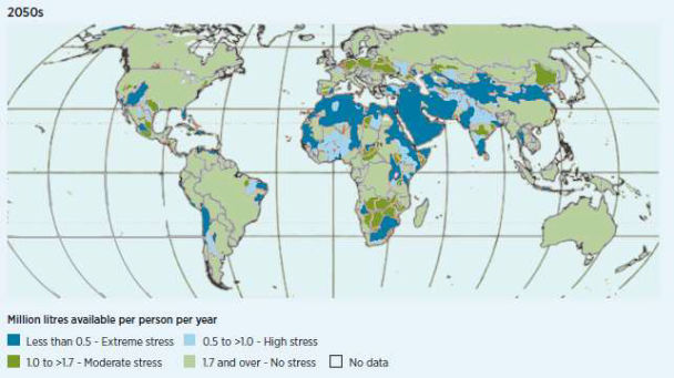 Recorte de mapa com a projeção do estresse hídrico para várias partes do mundo para o ano de 2050, onde observa-se a localização do Oriente Médio com potencial de severo estresse hídrico