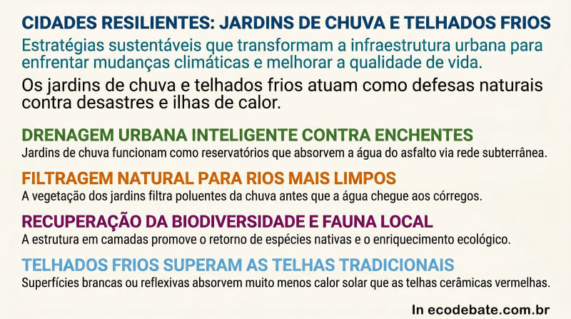 CIDADES RESILIENTES: JARDINS DE CHUVA E TELHADOS FRIOS Estratégias sustentáveis que transformam a infraestrutura urbana para enfrentar mudanças climáticas e melhorar a qualidade de vida. Os jardins de chuva e telhados frios atuam como defesas naturais contra desastres e ilhas de calor. DRENAGEM URBANA INTELIGENTE CONTRA ENCHENTES Jardins de chuva funcionam como reservatórios que absorvem a água do asfalto via rede subterrânea. FILTRAGEM NATURAL PARA RIOS MAIS LIMPOS A vegetação dos jardins filtra poluentes da chuva antes que a água chegue aos córregos. RECUPERAÇÃO DA BIODIVERSIDADE E FAUNA LOCAL A estrutura em camadas promove o retorno de espécies nativas e o enriquecimento ecológico. TELHADOS FRIOS SUPERAM AS TELHAS TRADICIONAIS Superfícies brancas ou reflexivas absorvem muito menos calor solar que as telhas cerâmicas vermelhas.
