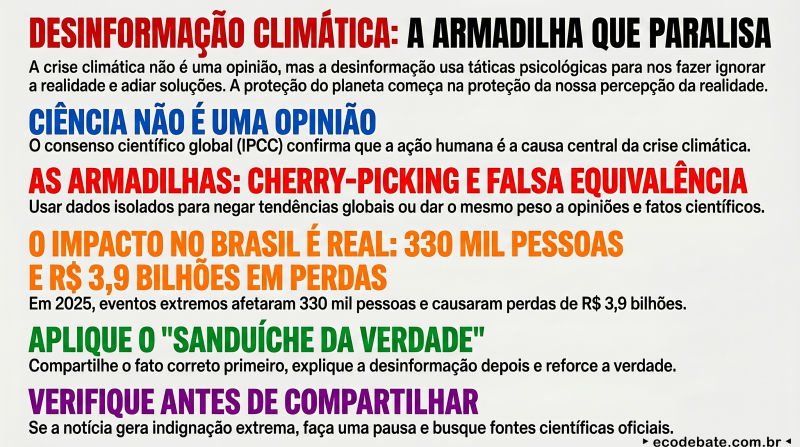 DESINFORMAÇÃO CLIMÁTICA: A ARMADILHA QUE PARALISA A crise climática não é uma opinião, mas a desinformação usa táticas psicológicas para nos fazer ignorar a realidade e adiar soluções. A proteção do planeta começa na proteção da nossa percepção da realidade. CIÊNCIA NÃO É UMA OPINIÃO O consenso científico global (IPCC) confirma que a ação humana é a causa central da crise climática. AS ARMADILHAS: CHERRY-PICKING E FALSA EQUIVALÊNCIA Usar dados isolados para negar tendências globais ou dar o mesmo peso a opiniões e fatos científicos. O IMPACTO NO BRASIL É REAL: 330 MIL PESSOAS E R$ 3,9 BILHÕES EM PERDAS Em 2025, eventos extremos afetaram 330 mil pessoas e causaram perdas de R$ 3,9 bilhões. APLIQUE O "SANDUÍCHE DA VERDADE" Compartilhe o fato correto primeiro, explique a desinformação depois e reforce a verdade. VERIFIQUE ANTES DE COMPARTILHAR Se a notícia gera indignação extrema, faça uma pausa e busque fontes científicas oficiais.